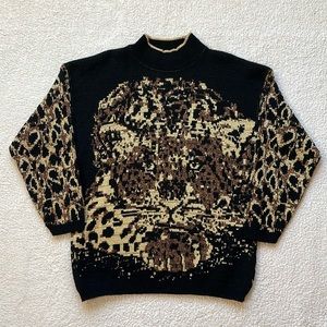 Vintage 80s Glam Sparkle Knit Leopard Print Mock Neck Sweater